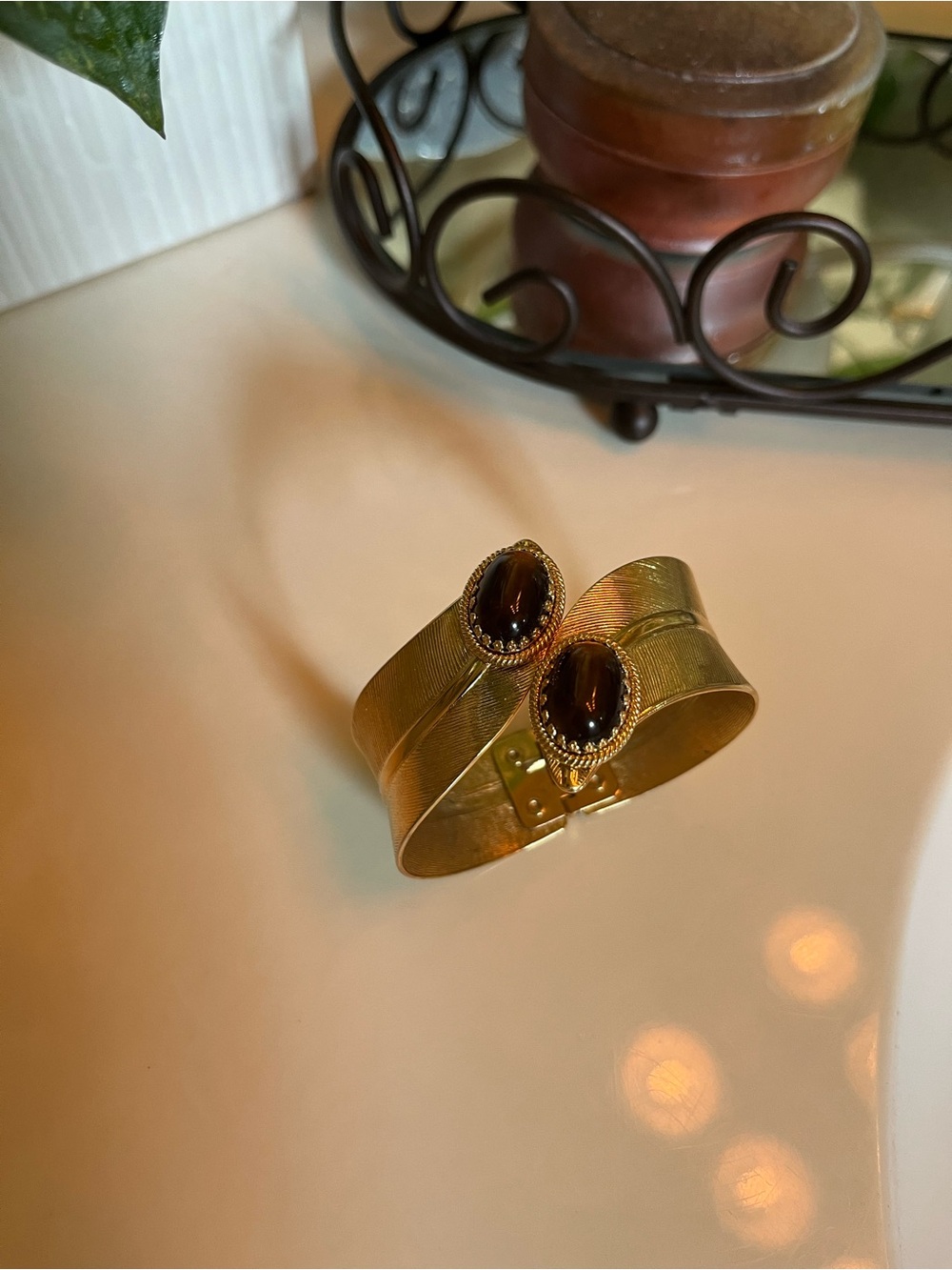 Gold-Tone Cuff Bracelet with Tiger's Eye Cabochon - Picture 2 of 6